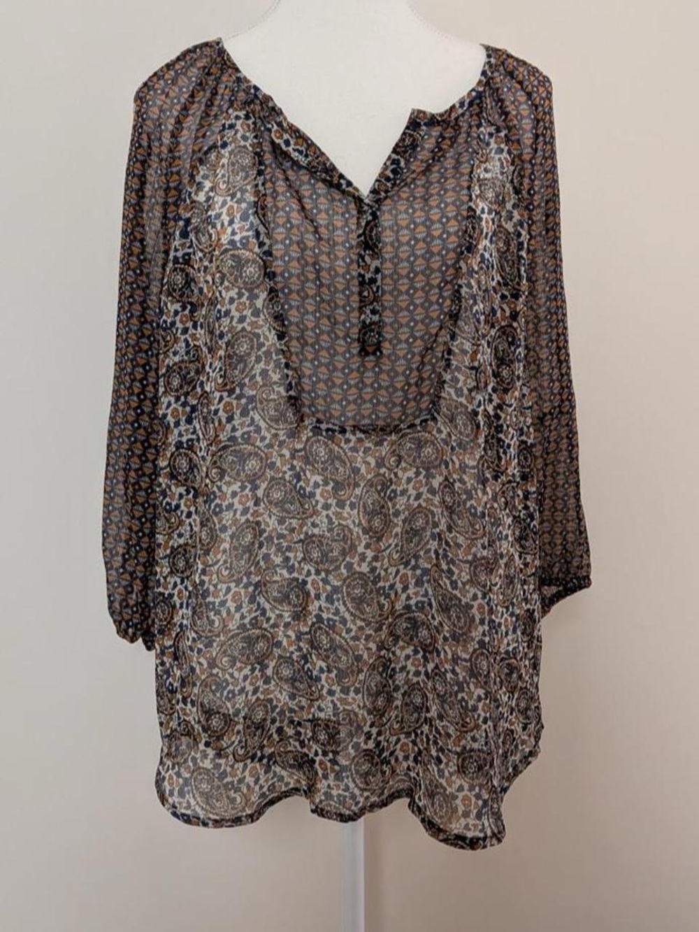 Philosophy Sheer Paisley Peasant Blouse in Brown and Black